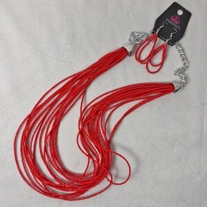 NWT Paparazzi Multi-Strand Seed Bead Necklace and Pierced Earrings Set  Red